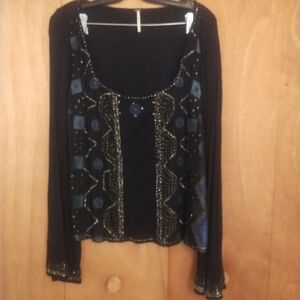 Free People Beaded Bell Sleeve Elegant Black Women's Top Large